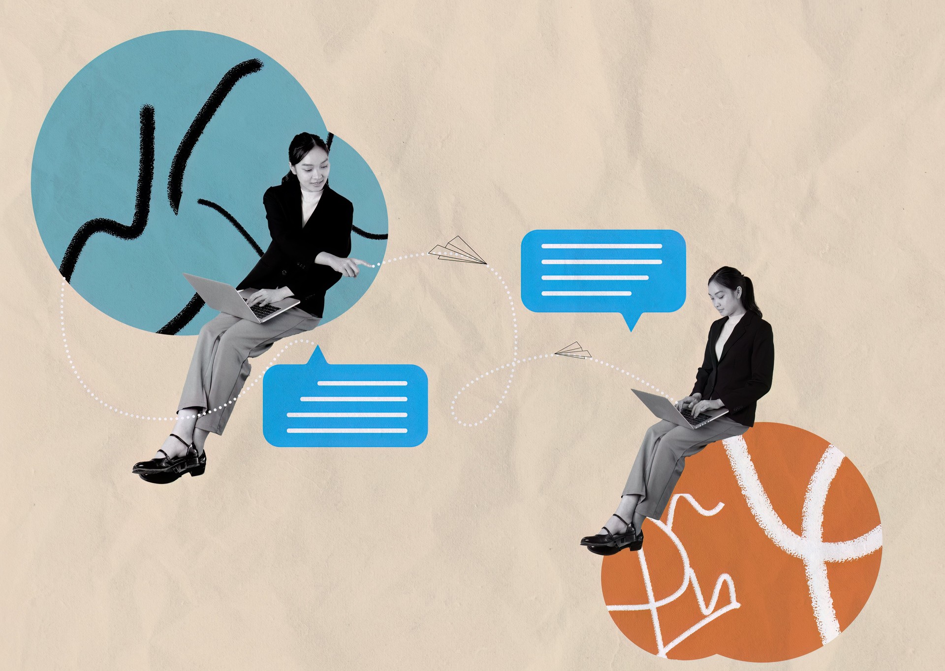 Creative design. Contemporary art collage of employees working with laptop. Teleworking. Online cooperation via Internet. Concept of remote work, team, business, projects, network support